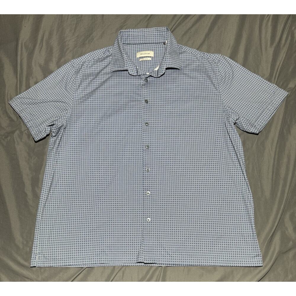 Bugatchi Mens XXL Blue Geometric Micro Print Button Up 8-Way Stretch S/S‎ Shirt